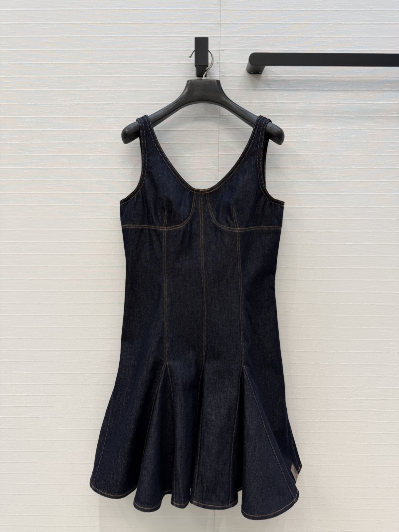 Louis Vuitton Contrast Stitch Pleated Denim V-Neck Dress in Indigo