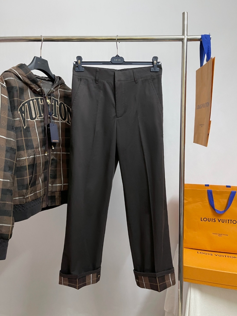 Louis Vuitton Tailored Straight-Leg Trousers with Signature Checkered Monogram Cuffs in Deep Charcoal