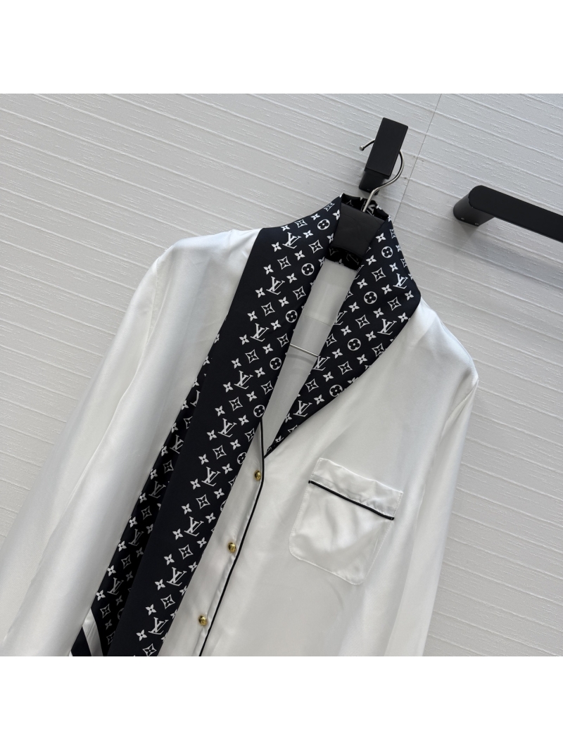 Louis Vuitton 100% Silk Twill Monogram Print Ribbon Blouse in White