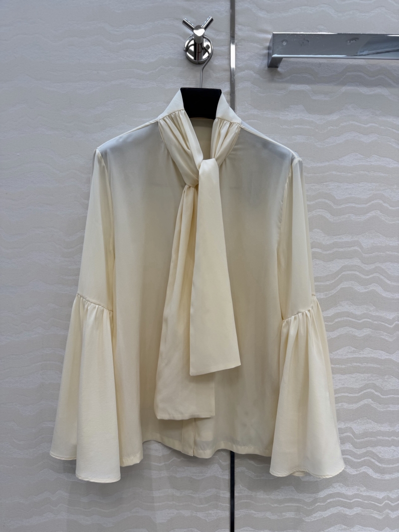 Louis Vuitton Signature Monogram 100% Silk Pussy-Bow Blouse with Lotus Leaf Sleeves in Cream