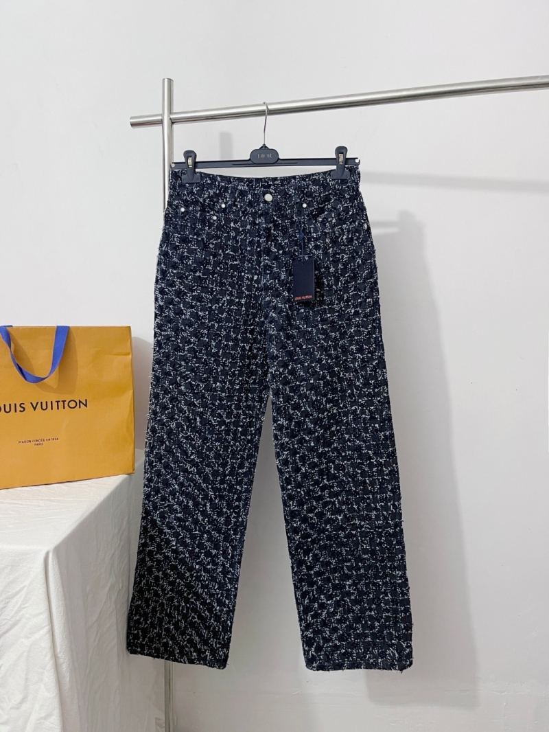 Louis Vuitton Navy Blue Diamond-Textured Tweed High-Waisted Straight-Leg Trousers