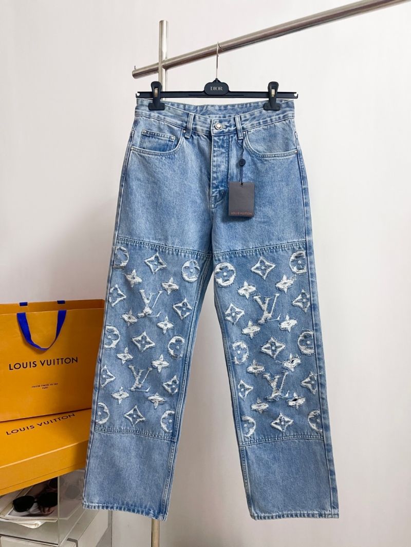 Louis Vuitton Monogram Distressed Light Blue Denim Jeans - Exquisite Fil-Coupé Paneled Straight-Leg