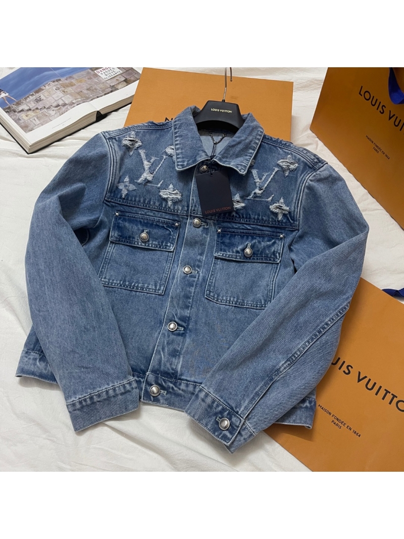 Louis Vuitton Distressed Monogram Denim Trucker Jacket in Light Blue Wash