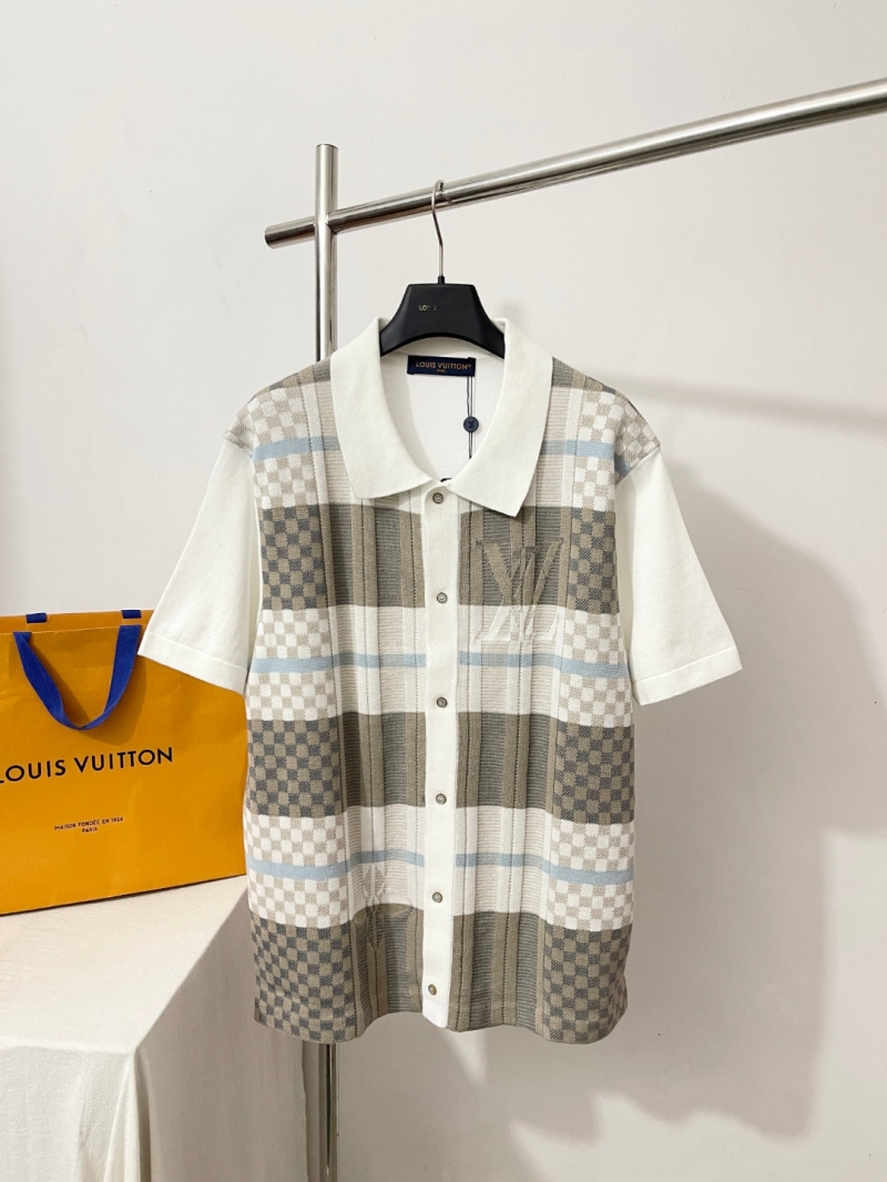 Louis Vuitton Damier Knit Short-Sleeved Polo Shirt in Beige and White