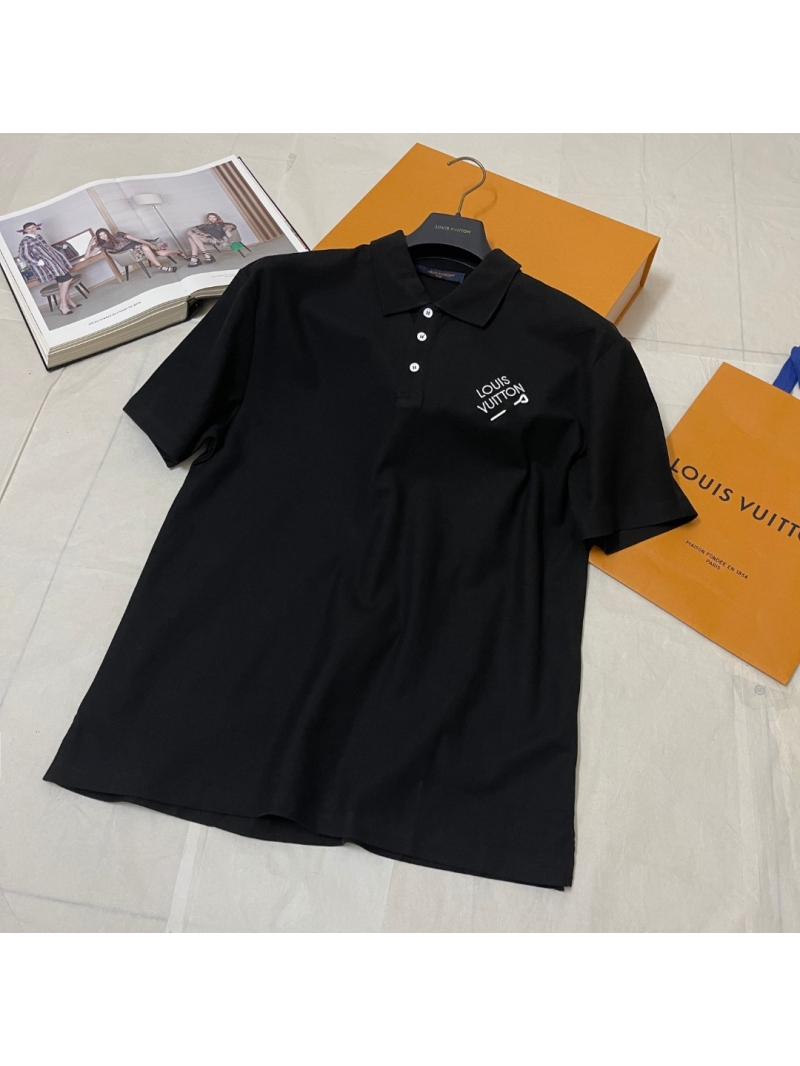 Louis Vuitton Men"s Pin Embroidered Polo Shirt - Black Cotton Piqué