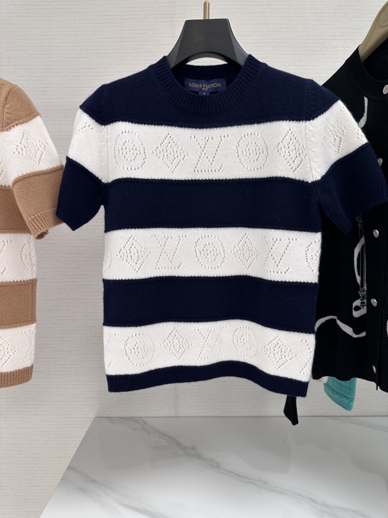 Louis Vuitton Nautical Striped Wool-Cashmere Pointelle Knit Short-Sleeved Sweater
