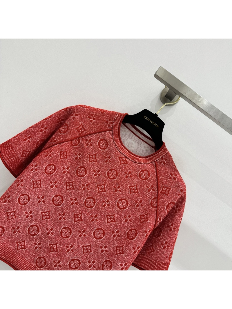 Louis Vuitton Monogram Jacquard Knit Short Sleeve Top in Vibrant Red - Signature Luxury Sporty-Chic
