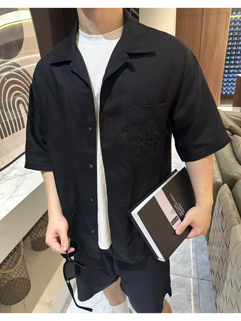 LOEWE Men's Linen Embroidered Short Sleeve Shirt