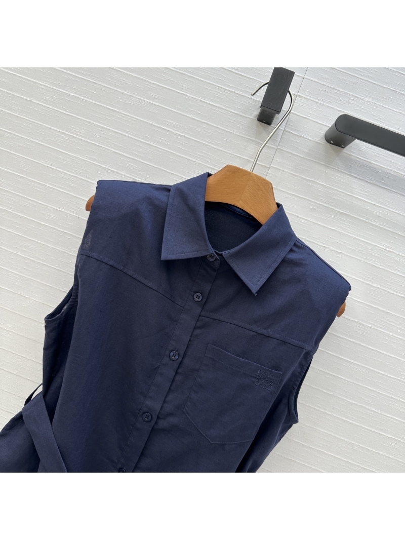 Loewe Spring/Summer Deep Blue Dopamine Cotton-Linen Tie-Waist Sleeveless Shirt - Luxe Casual Elegance
