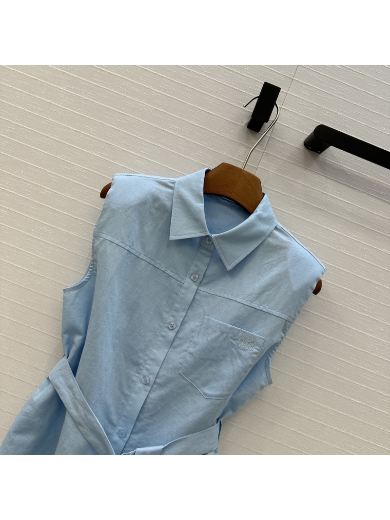 Loewe Spring/Summer 25 Light Blue Cotton-Linen Tie-Waist Sleeveless Shirt - Luxe Casual Elegance