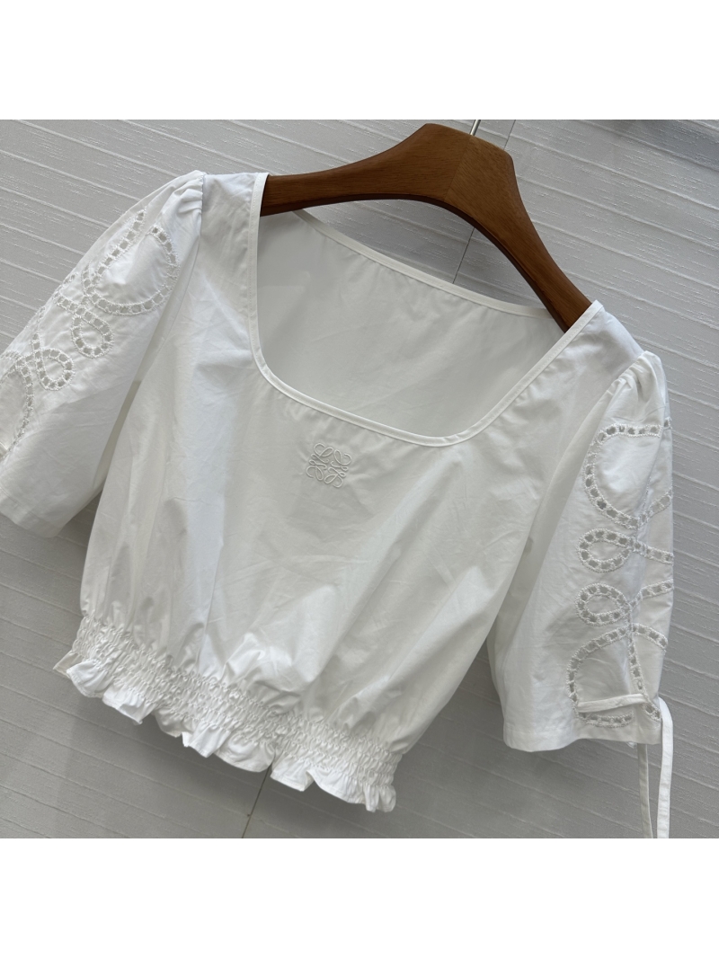 Loewe Elegant White Bubble Sleeve Top with Embroidered Logo