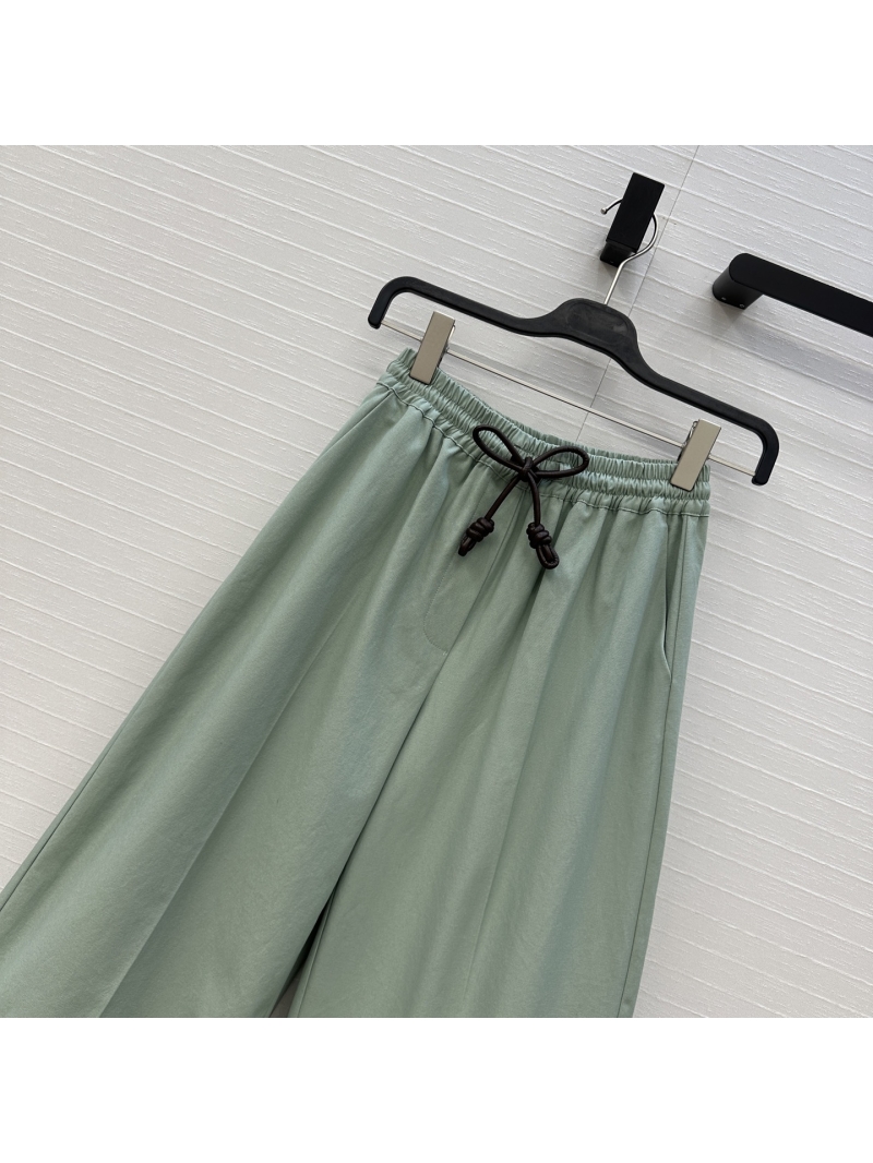 Loewe Avocado Green Wide-Leg Trousers with Embroidered Badge - Luxe Cotton & Elastic Waist
