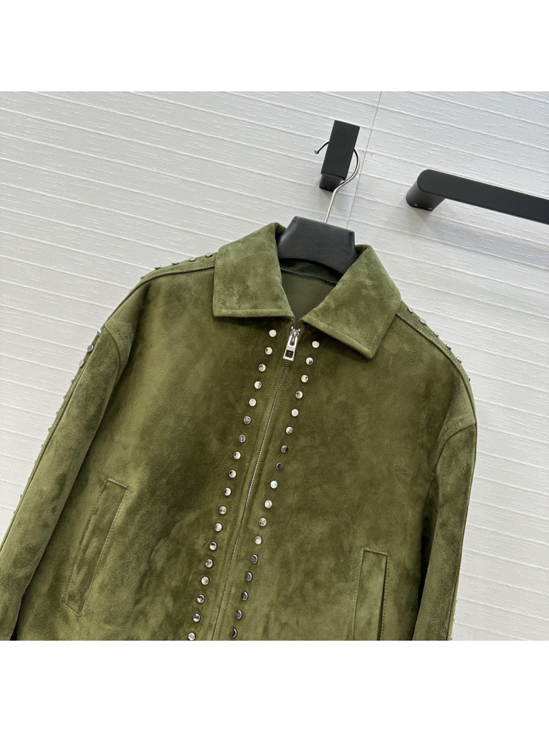 Loewe Exclusive Custom Suede Moto Jacket with Studded Details in Olive