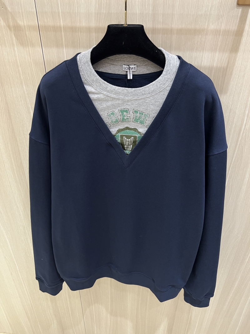 Loewe Navy Blue V-Neck Logo Print Sweatshirt with Gray T-Shirt Insert