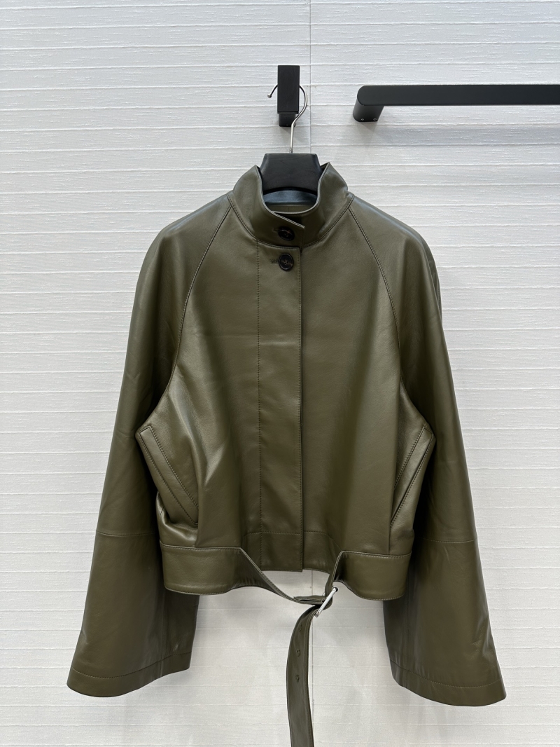 Loewe Exclusive Retro Modern Stand Collar Leather Jacket in Dark Green