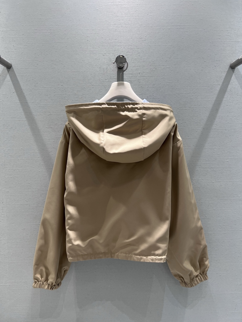 Loewe Women's Functional Hooded Jacket in Beige, Featuring Signature Logo, Adjustable Drawstring, and Vintage Brown Buttons — Luxe, Tailored, and Elevated