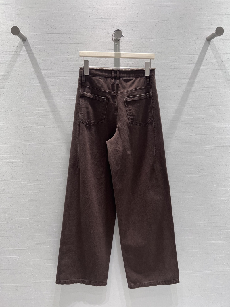 LOEWE Wide-Leg High-Rise Denim Pants in Dark Chocolate Brown – Embroidered Logo, Frayed Waistband, Modern Fit