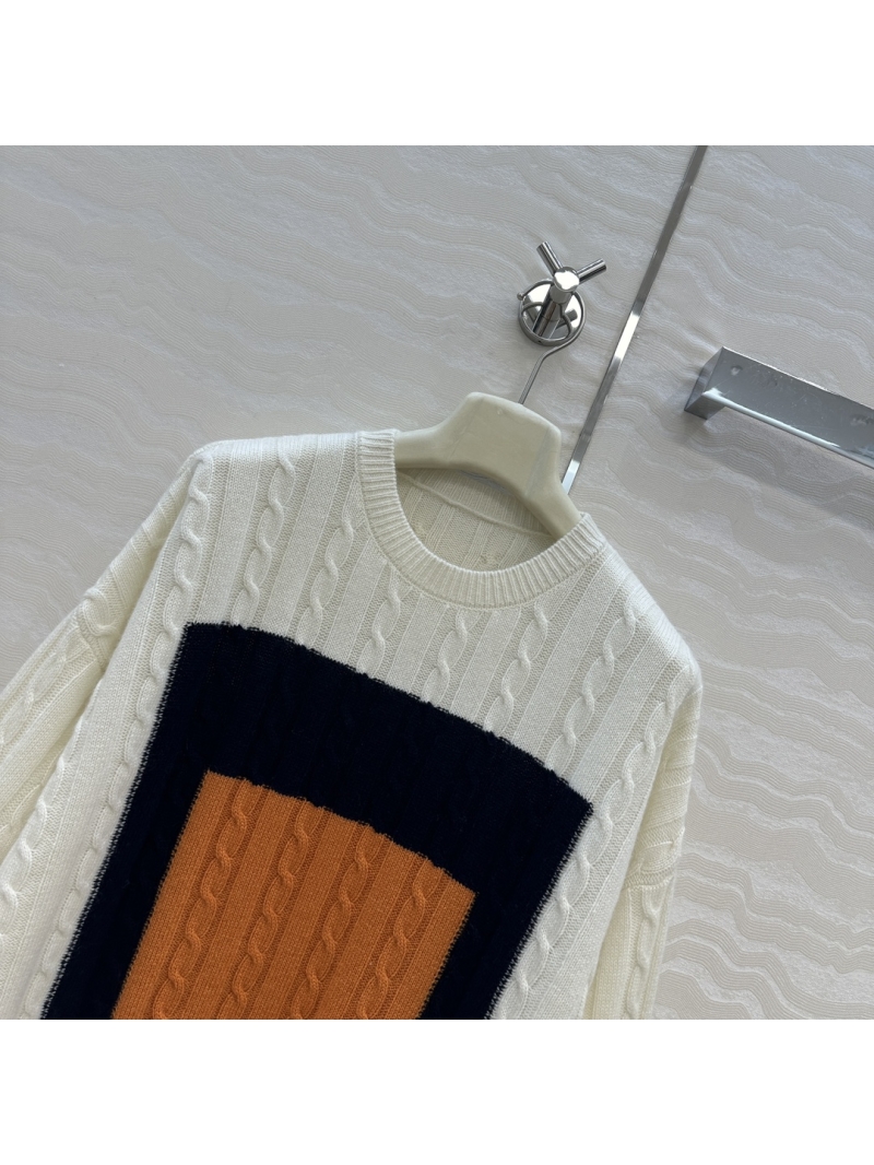 Loewe Josef Albers Homage to the Square Color Block Cashmere Sweater | Swiss Knit Cable Stitch | Ivory, Navy & Caramel