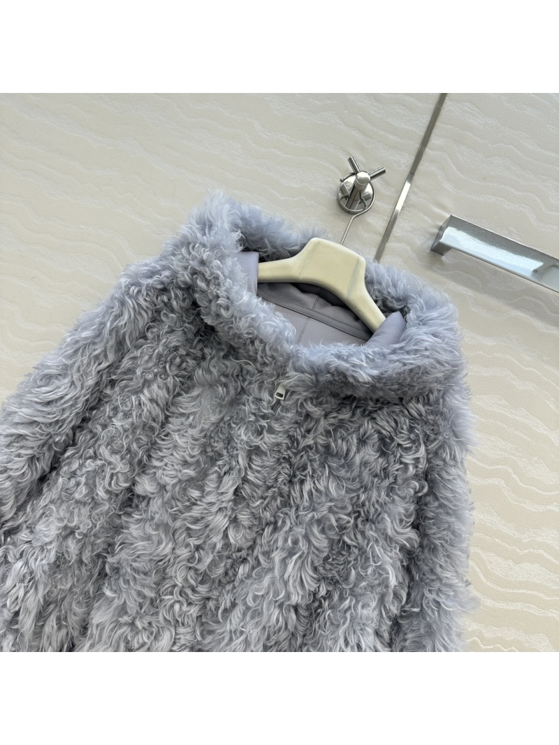 Loewe Exquisite Tuscan Lamb Fur Coat with Hood in Natural Gray - Hand-Finished Leather Trim, Luxurious Winter Wear