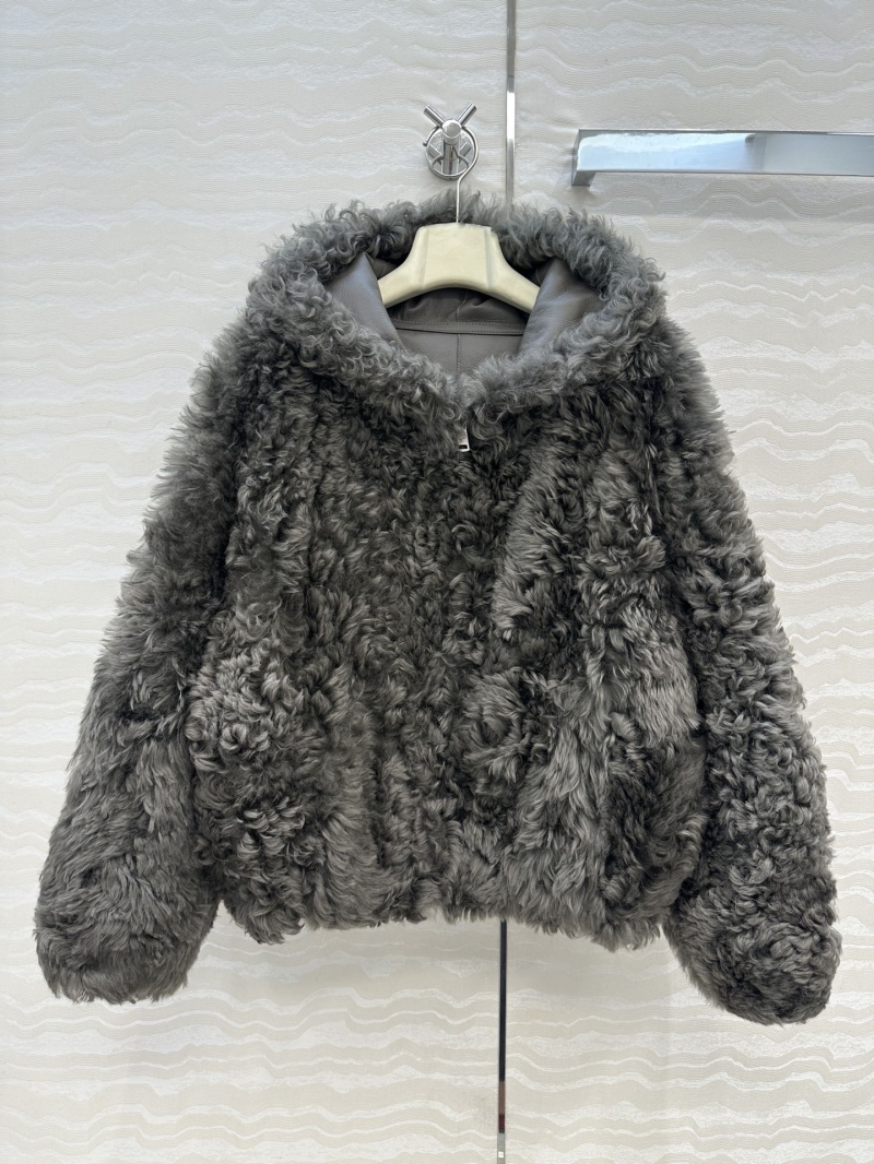 Loewe Toscana Lamb Fur Hooded Coat in Deep Gray | Artisan Leather Trim, Korean-Inspired Luxury Outerwear