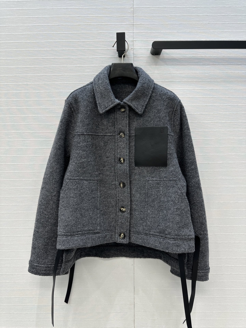 Loewe Wool-Blend Utility Jacket in Grey – Handcrafted Leather Trim, Asymmetrical Hem