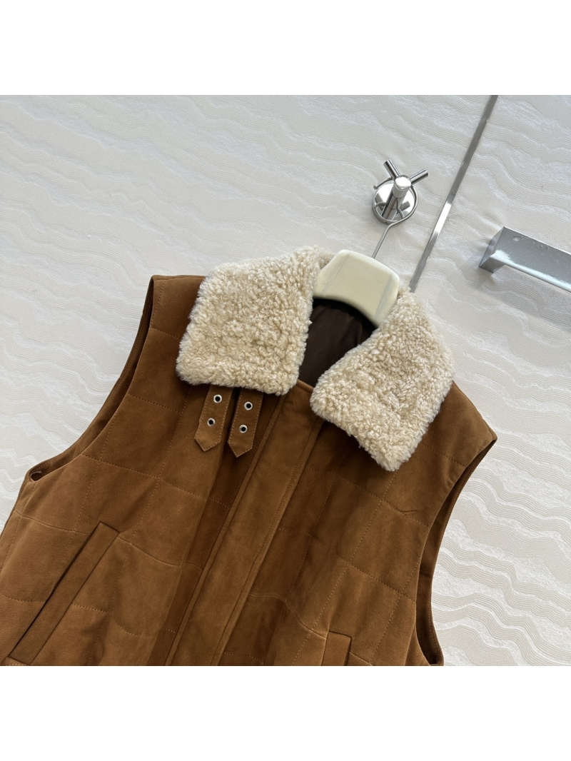 Loewe Vintage Suede Vest with Shearling Collar – Oversized Quilted Alpaca-Blend Insulation, Detachable Lamb Fur Collar, Drawstring Hem