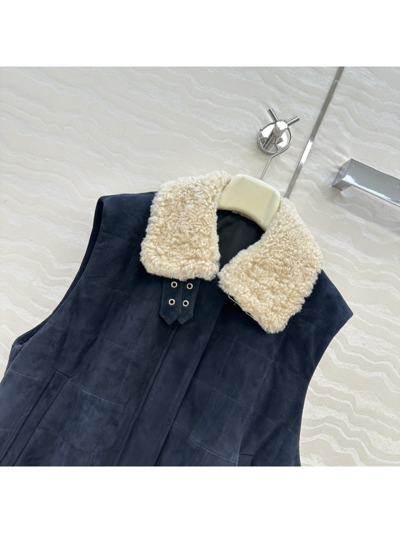Loewe Vintage Suede Quilted Vest with Detachable Fur Collar