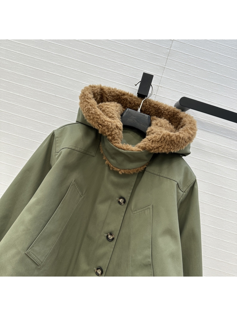 Loewe Army Green Wool-Blend Short Parka Jacket | Detachable Hood, A-Line Silhouette