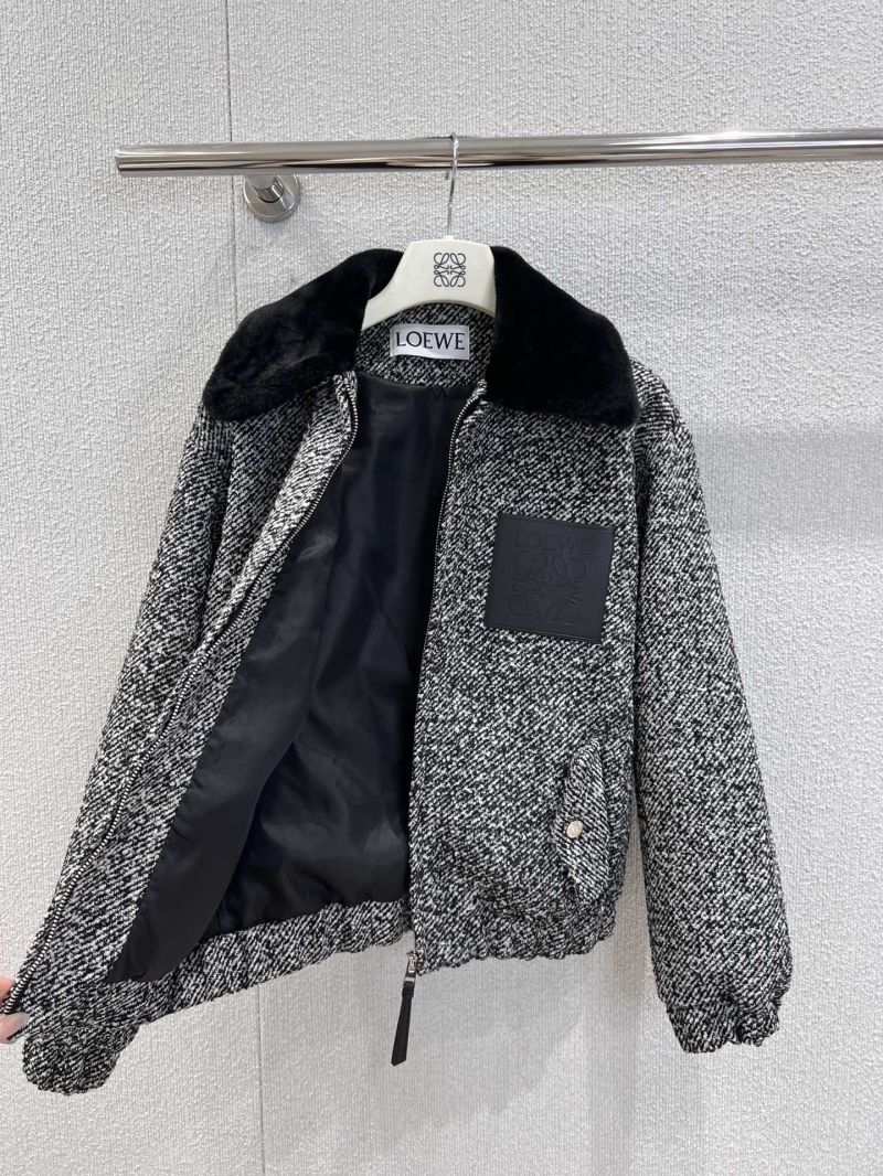 Loewe 25Fw Luxury Wool Blend Faux Fur Collar Bomber Jacket | Black & White Herringbone Tweed | Relaxed Fit