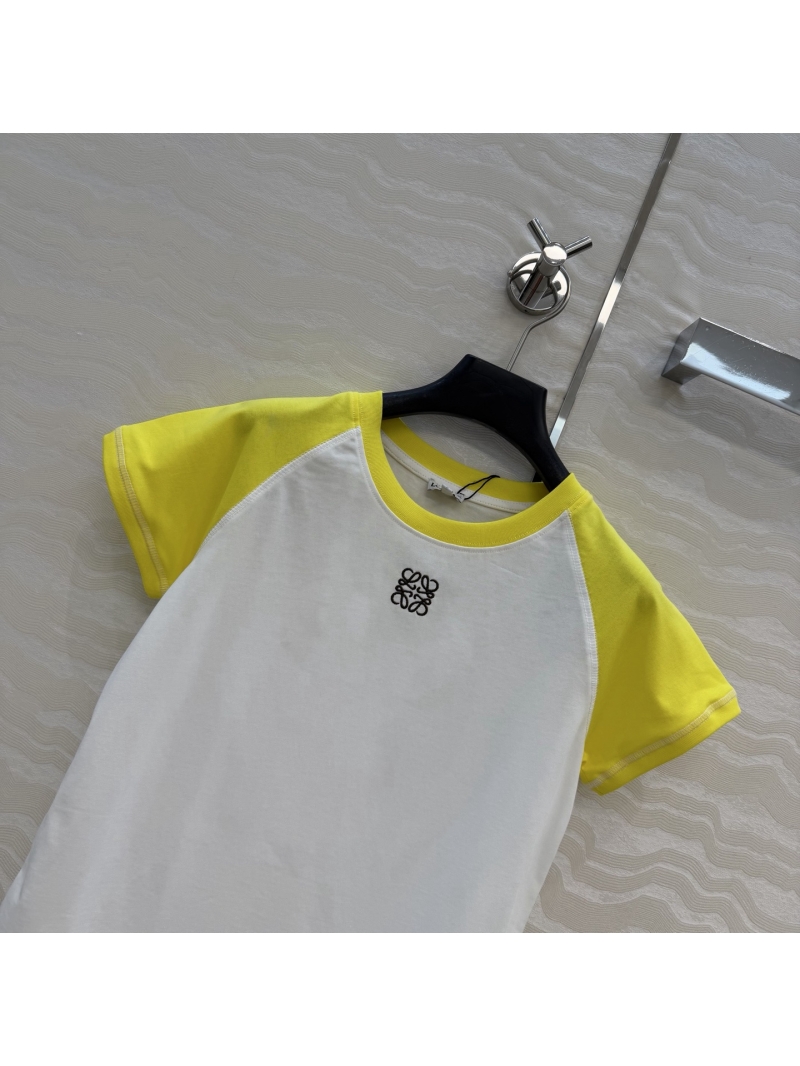 Loewe Imported Pure Cotton Contrast Cap Sleeve T-Shirt – Extremely Slimming, Limited Edition White/Neon Yellow Top