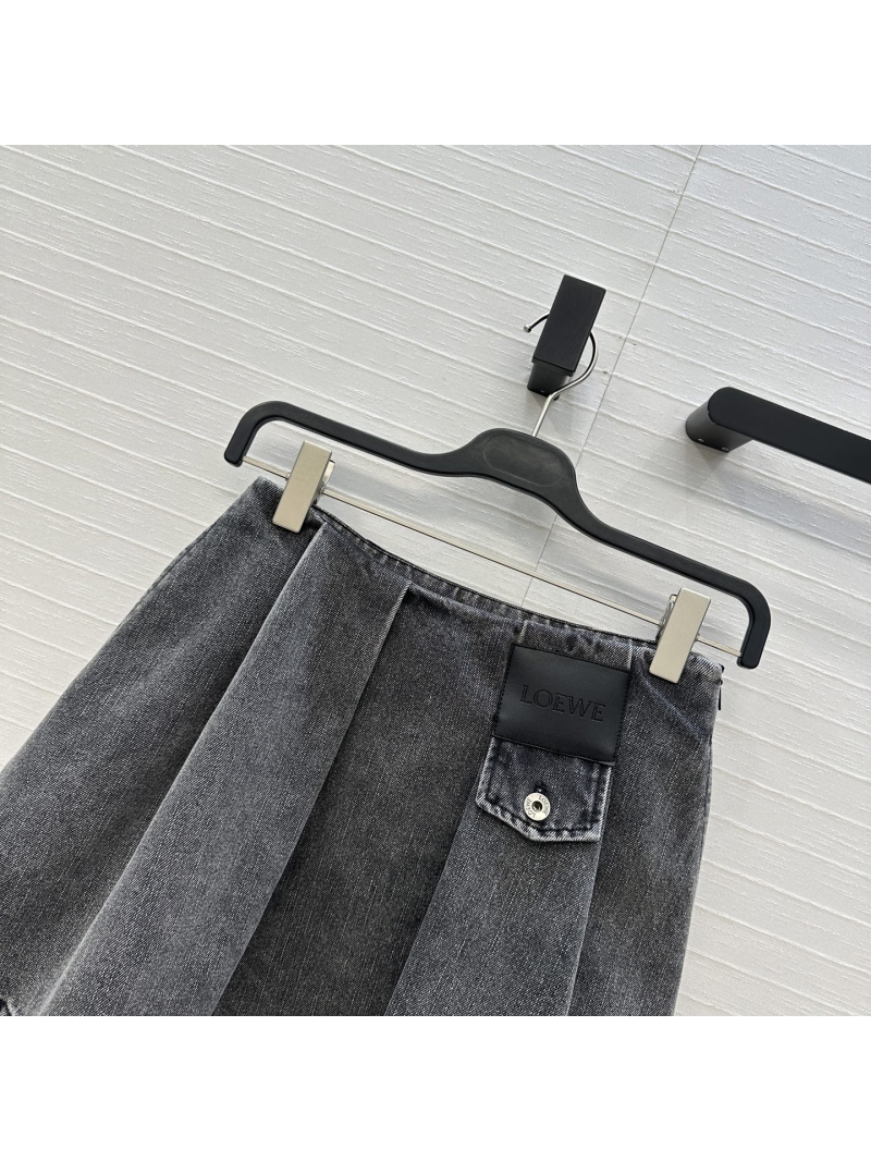 LOEWE Signature Double-Pleated Twill Pure Cotton Denim Mini Skirt in Washed Charcoal