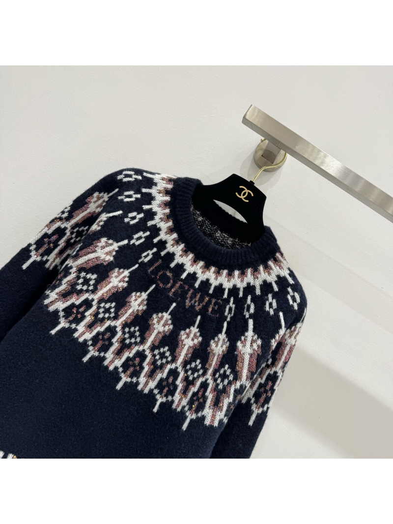 Loewe Sequined Fair Isle Wool Knit Sweater in Midnight Navy