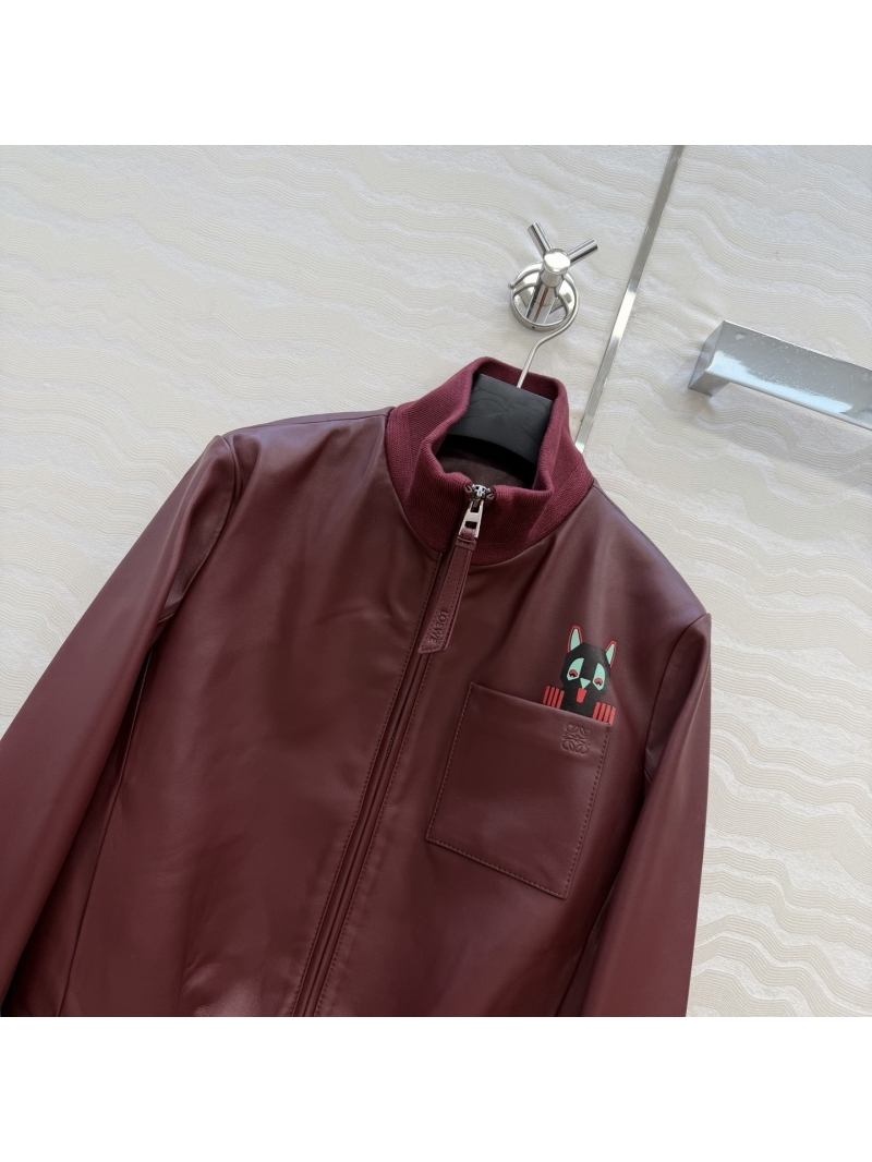 Loewe 100% Premium Lambskin Vintage Cat Collaboration Baseball Jacket in Burgundy