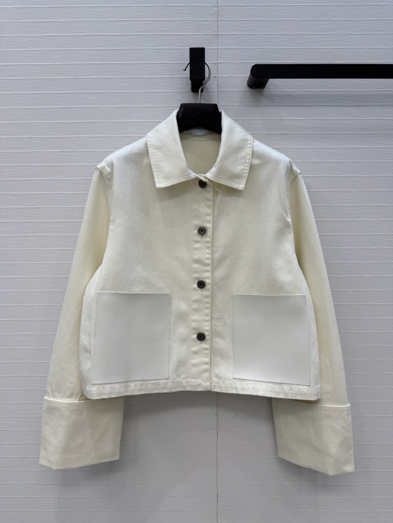 Loewe Premium Imported Washed Denim Roll-Sleeve Cropped Jacket in Cream