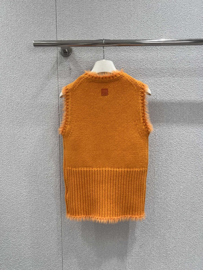 Loewe 26Ss Early Spring Vibrant Orange Wool Knit Vest with Ribbed Waist and Raw Edges