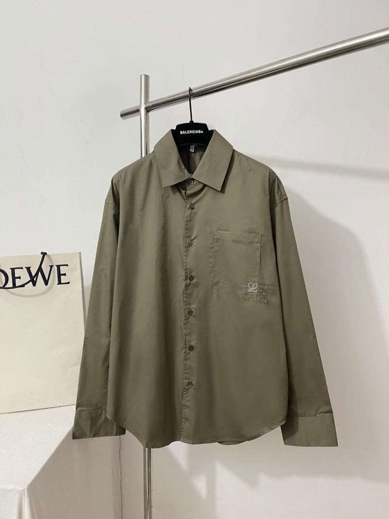Loewe Signature "Anagram" Embroidered Olive Green Cotton Poplin Shirt