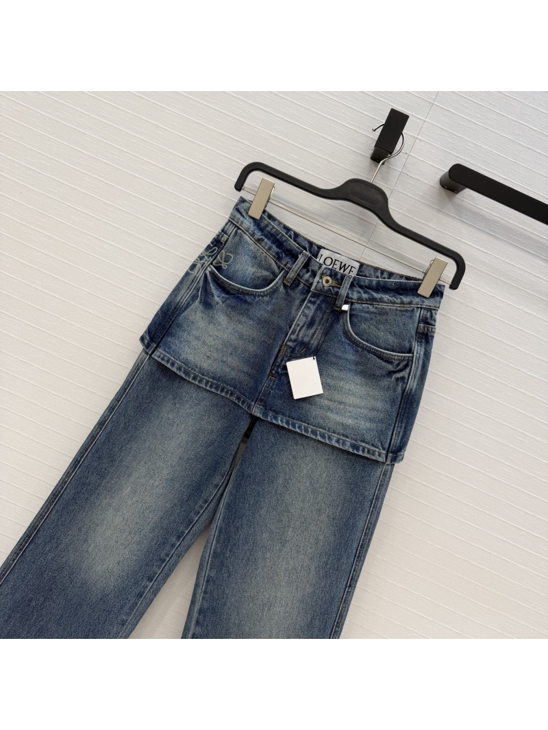 Loewe Imported Washed Denim Hybrid Skirt-Jeans Straight-Leg Trousers in Vintage Blue