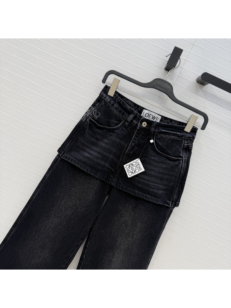 Loewe Imported Washed Denim Layered "Fake Two-Piece" Straight-Leg Jeans in Washed Black