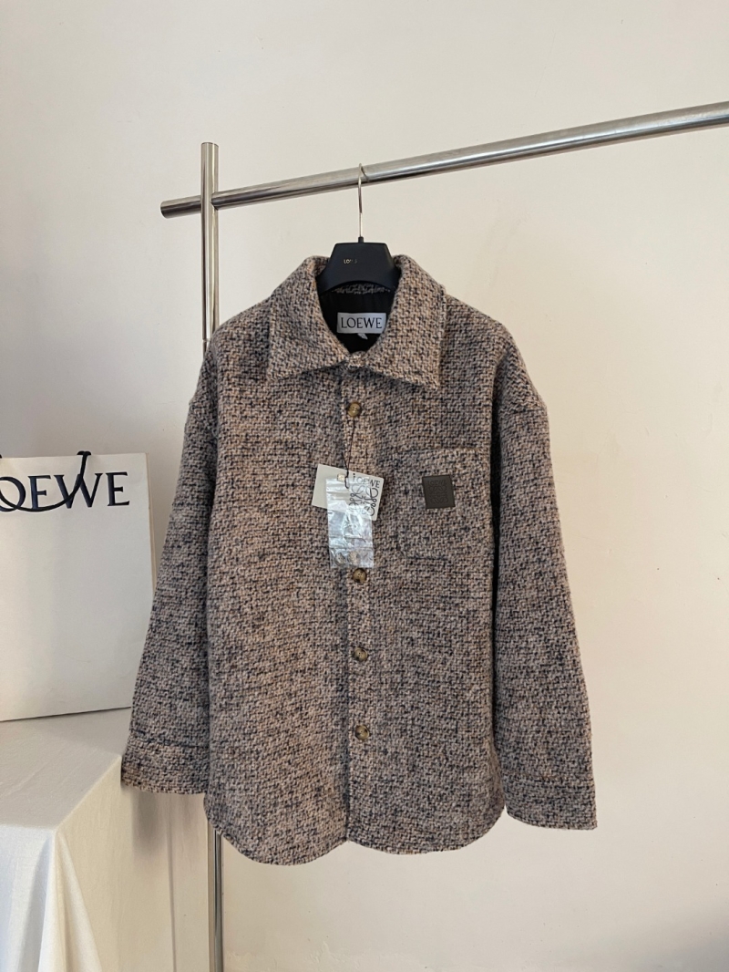 Loewe Wool Blend M&eacute;lange Shirt Jacket - Earthy Taupe Boucl&eacute; Shacket with Leather Anagram Patch