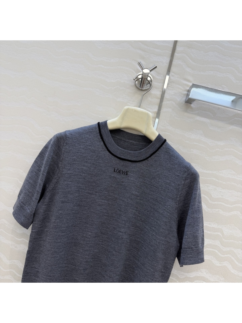 Loewe 100% Merino Wool Short-Sleeved Knit Top in Charcoal Grey