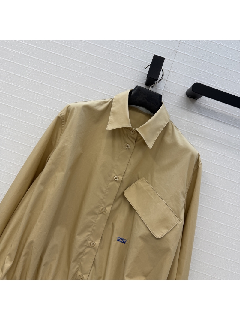 Loewe Signature Embroidered Cotton Poplin Ruched Hem Shacket in Khaki