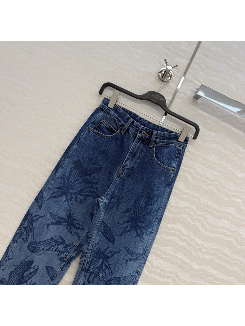 Loewe Vintage Laser-Print Corn Flower Botanical Denim Sickle Wide-Leg Jeans in Washed Blue