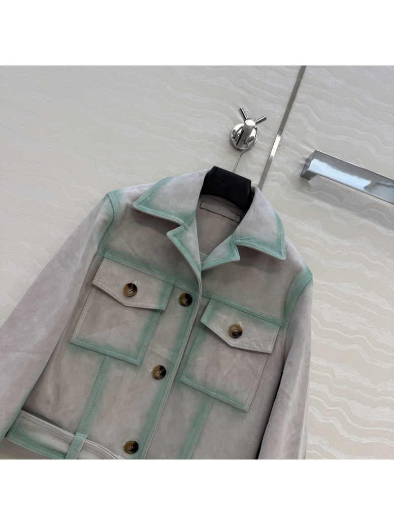 Loewe Vintage Hand-Rubbed Lambskin Suede Cropped Jacket in Mint Green