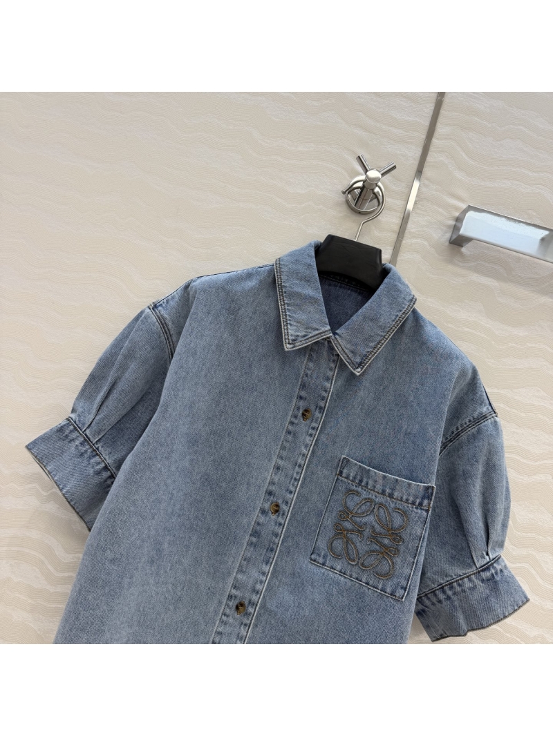Loewe Exquisite Vintage Wash Denim Puff-Sleeve Shirt in Light Blue