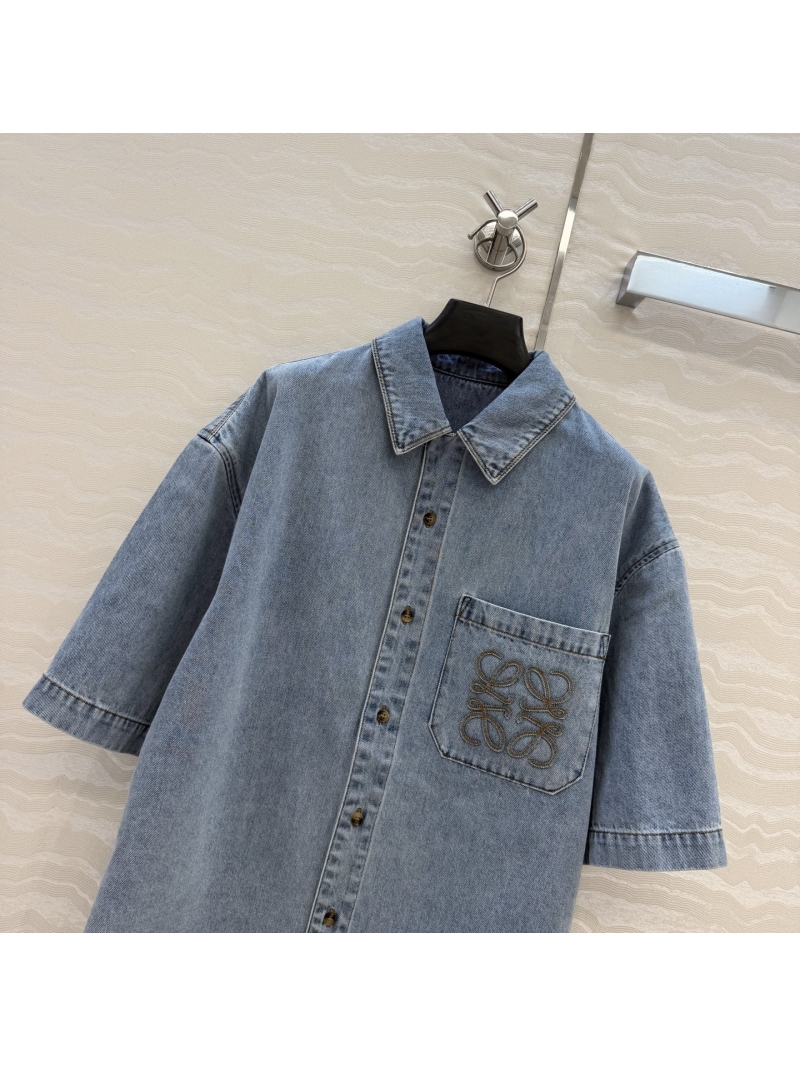 Loewe Signature 3D Embroidered Vintage Washed Imported Denim Short-Sleeved Shirt