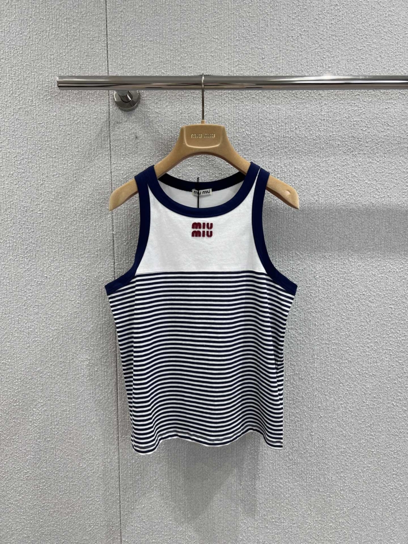 Miu Miu Striped Cotton Tank Top - Navy & White with Red Embroidered Logo