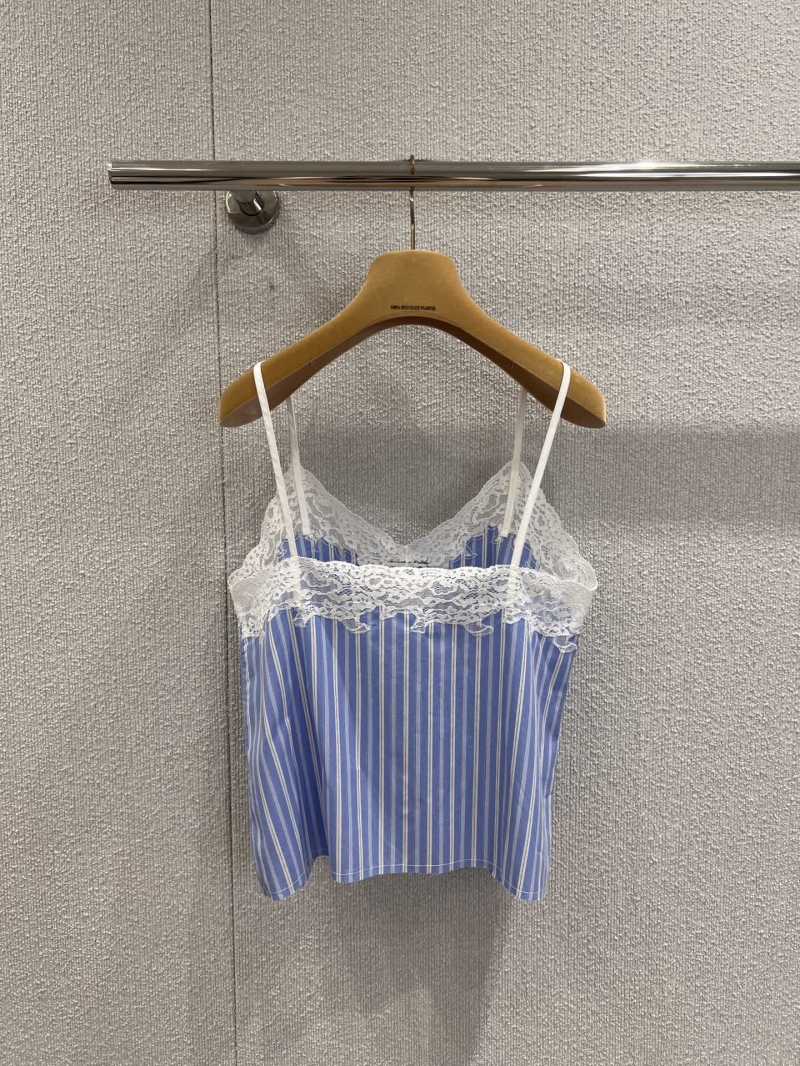 Miu Miu Blue & White Striped Lace-Trimmed V-Neck Sleeveless Top