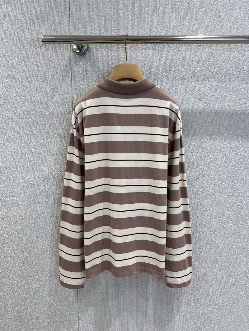 Miu Miu 25SS Long-Sleeved Polo Shirt in Beige & Brown Stripes with Embroidered Logo