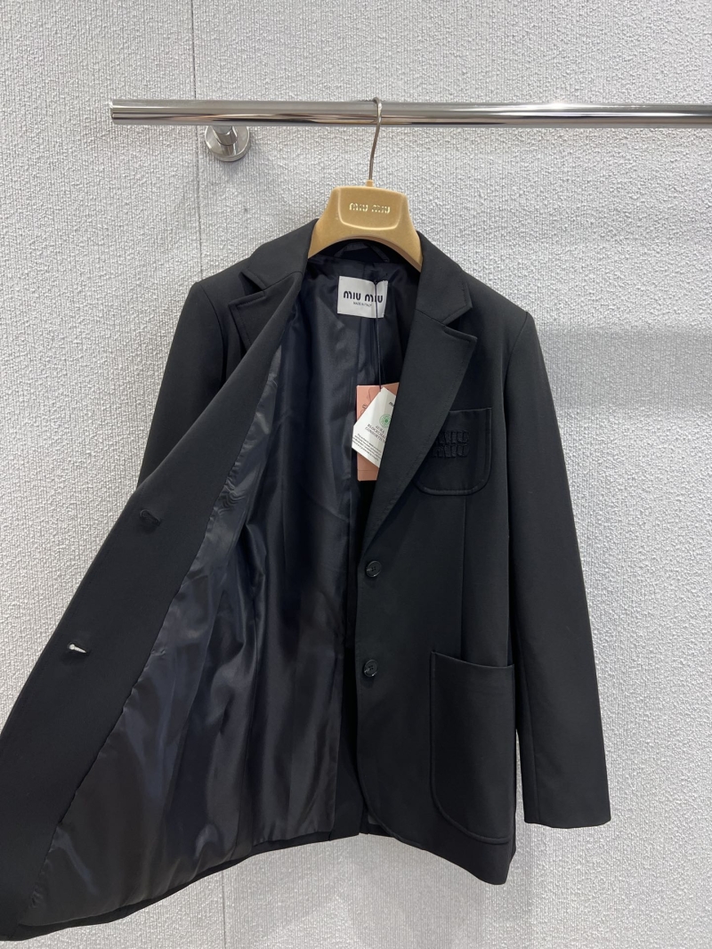 Miu Miu Wool-Blend Logo Embroidered Blazer in Black