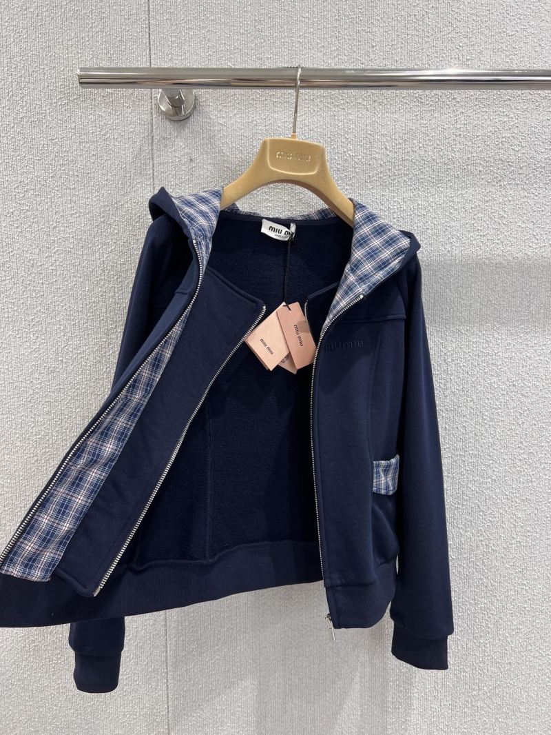 Miu Miu Navy Blue Plaid-Trimmed Zip-Up Hoodie & Casual Pants Set - Exclusive Early Fall Collection